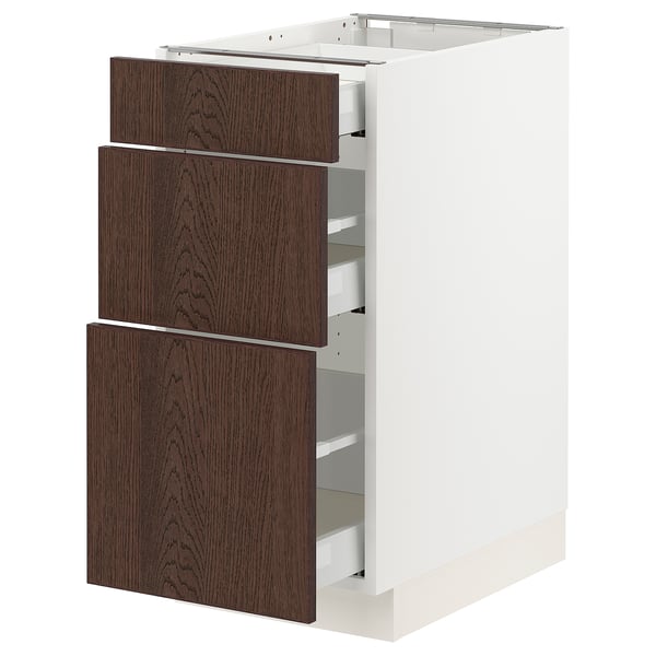 SEKTION kitchen unit, white w/dark brown drawers, wooden edging, sleek & modern.