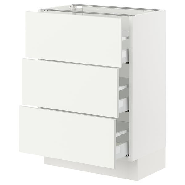 Depicts a white SEKTION kitchen cabinet with three drawers.