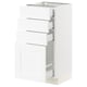 A white SEKTION kitchen cabinet unit with three drawers and one door, featuring a sleek, modern design.