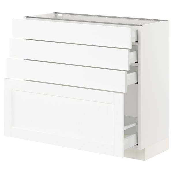 SEKTION white kitchen cabinet with four drawers and shelf.