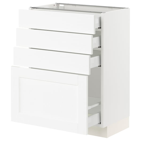 A white SEKTION kitchen cabinet with multiple drawers. It has a modern design with sleek handles and open storage on one side.