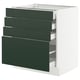 SEKTION kitchen unit in green with four drawers. Modern, white frame, sleek design.