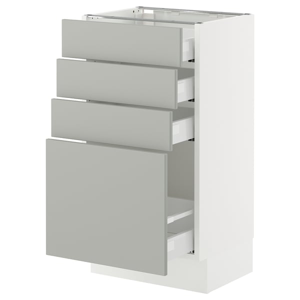 SEKTION kitchen cabinet in light grey with three pull-out drawers and one large door, modern and sleek design.