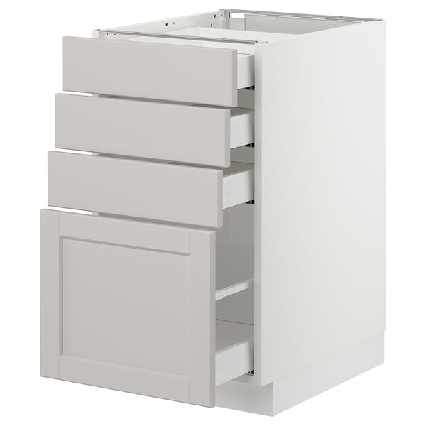 White SEKTION kitchen cabinet, four drawers, bevelled light grey fronts.