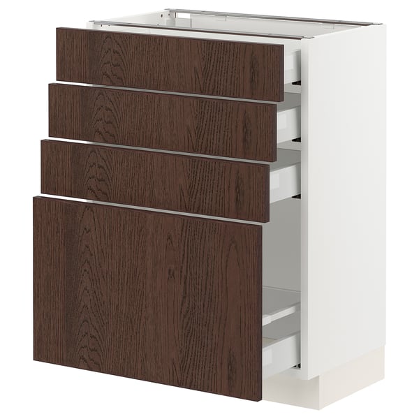 An ikea SEKTION kitchen cabinet with four dark brown wood drawers and a white base.
