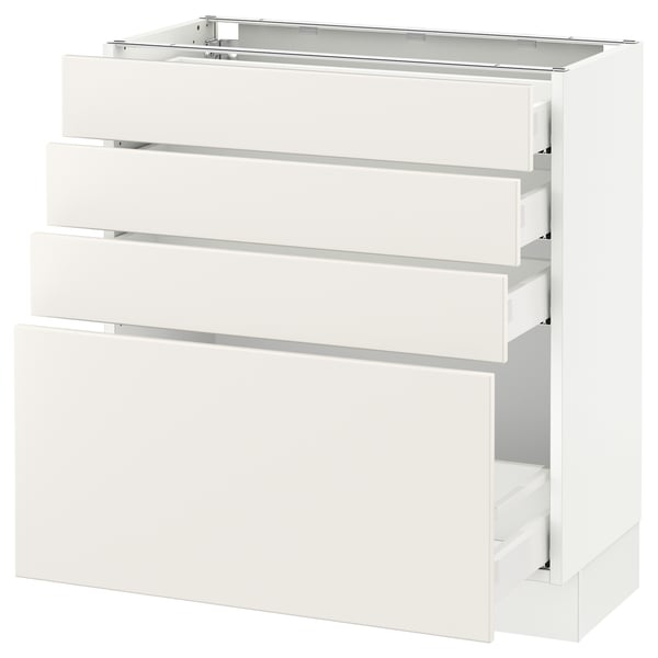 A white SEKTION kitchen cabinet with multiple drawers, modern and minimalist design with smooth surfaces.