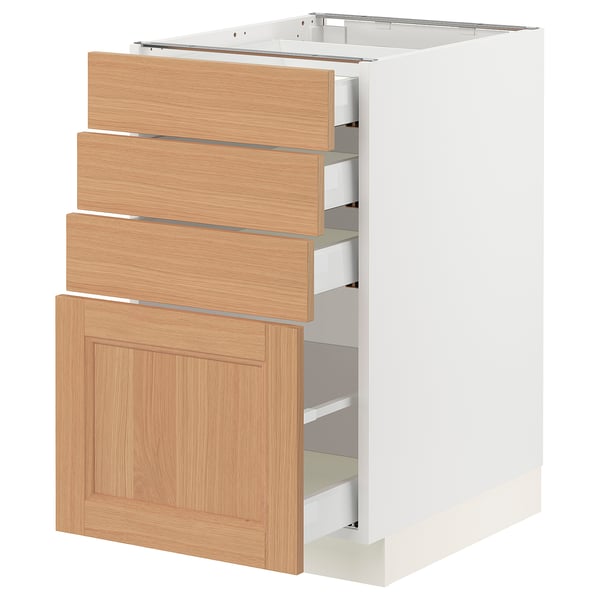 White ikea SEKTION kitchen cabinet with oak drawers and door.