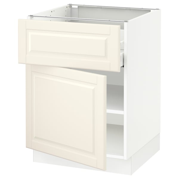 A white ikea SEKTION kitchen base cabinet with a bevelled drawer and door. It has a classic, rectangular design with a 25-year guarantee.