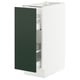 SEKTION kitchen unit with dark green havstorp door, white base, open shelves, modern design.