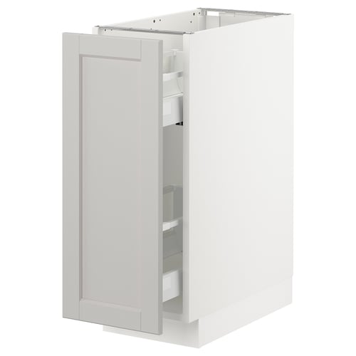 Ikea SEKTION cabinet, light grey, rectangular, with open shelves inside, minimalist design.