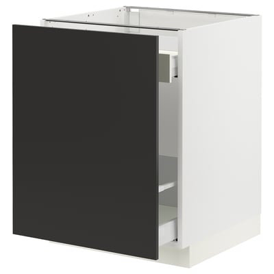 An ikea SEKTION kitchen cabinet with a matt black nickebo door. The cabinet has a white frame and a high drawer with a metallic rail.