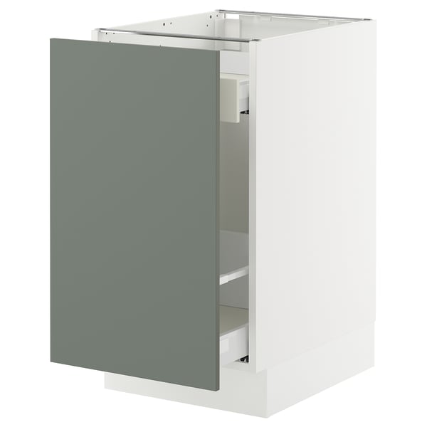 Modern kitchen cabinet, grey-green, sleek design, white base, soft-close drawers.