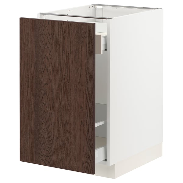 SEKTION kitchen cabinet with dark brown wood grain finish, two shelves, sleek edges, and modern design.