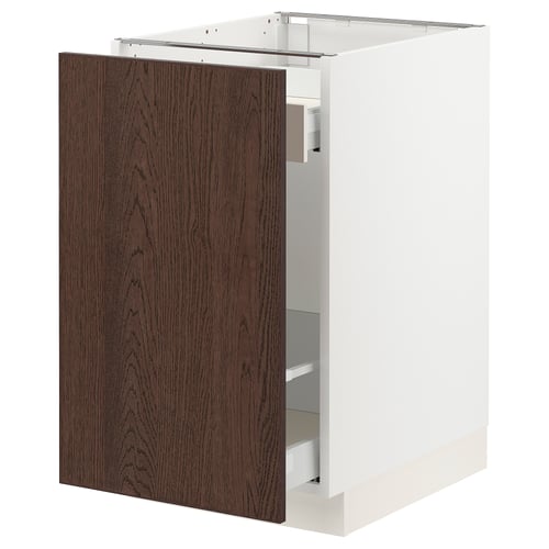 SEKTION kitchen cabinet with dark brown wood grain finish, two shelves, sleek edges, and modern design.