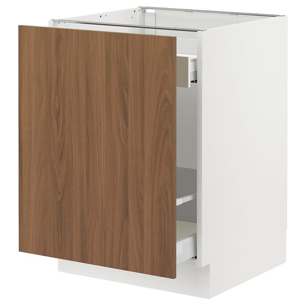 Image shows a modern kitchen cabinet named SEKTION with tistorp walnut fronts. It a wooden door on a white frame, offering a sleek and simple design.