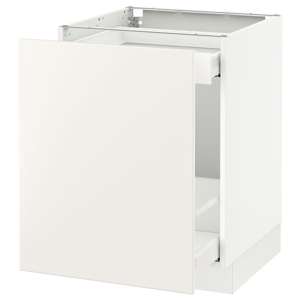 A white SEKTION kitchen cabinet with a smooth, modern design. Its a base cabinet with a frame construction and a high drawer.
