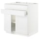 White SEKTION kitchen unit with one open shelf, two closed cabinets, and sleek design.
