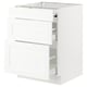 White kitchen cabinet with three drawers, modern design, sturdy wood construction.