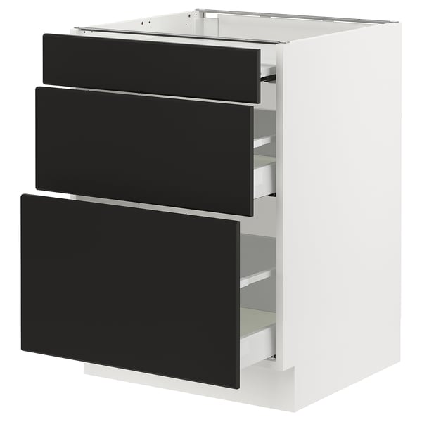 Modern black drawers in white cabinet, sleek design.