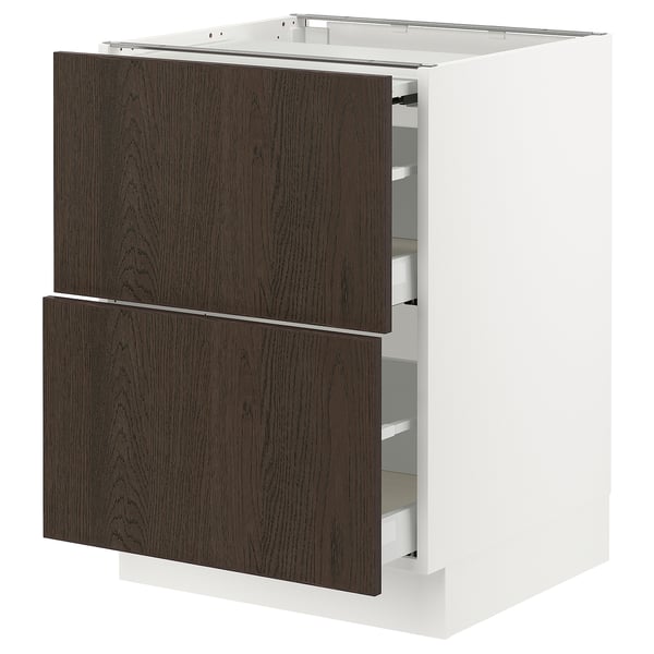 SEKTION kitchen cabinet in dark brown sinarp wood with white frame and 3 drawers, modern design.