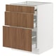 A white kitchen cabinet with three open wooden drawers, sleek and modern, designed with a sturdy frame.