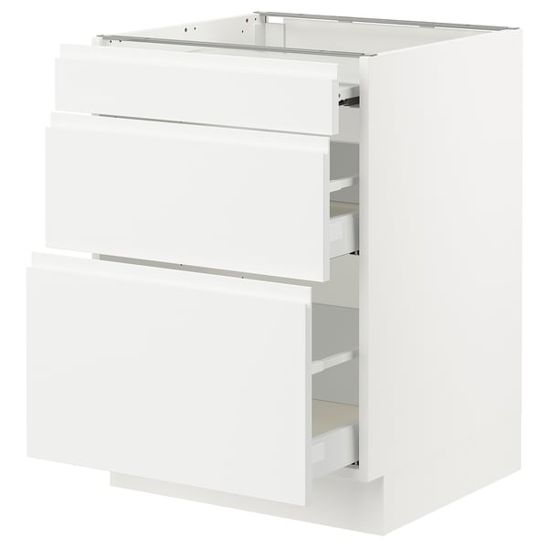 White SEKTION kitchen cabinet with 3 drawers and pull-out shelf.