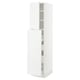A white ikea SEKTION tall kitchen cabinet with open doors, showcasing shelves inside.