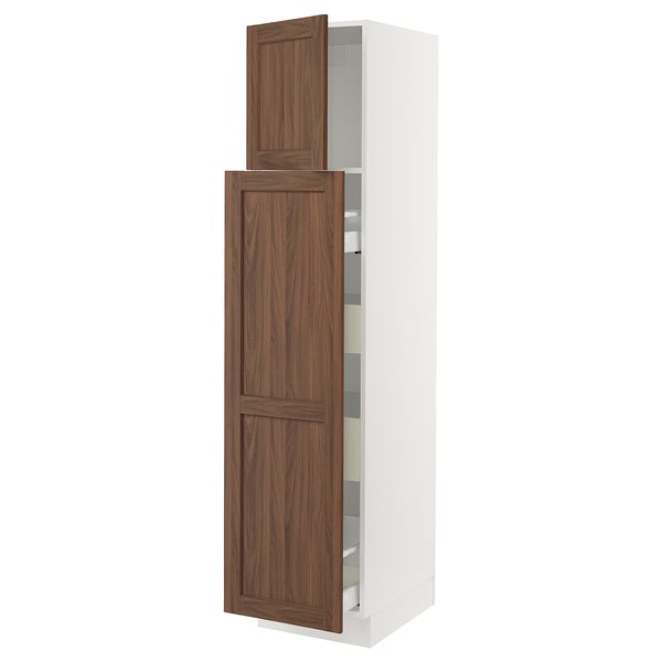 Ikea SEKTION white cabinet with walnut door, tall, modern design.