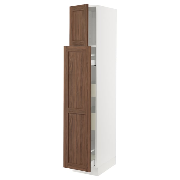 A SEKTION tall white kitchen cabinet with walnut panels. It has a sleek, vertical design featuring two adjustable shelves and two opened wooden doors.