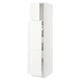 A white, tall kitchen cabinet from IKEAs SEKTION system with adjustable shelves and a door that can open either way.