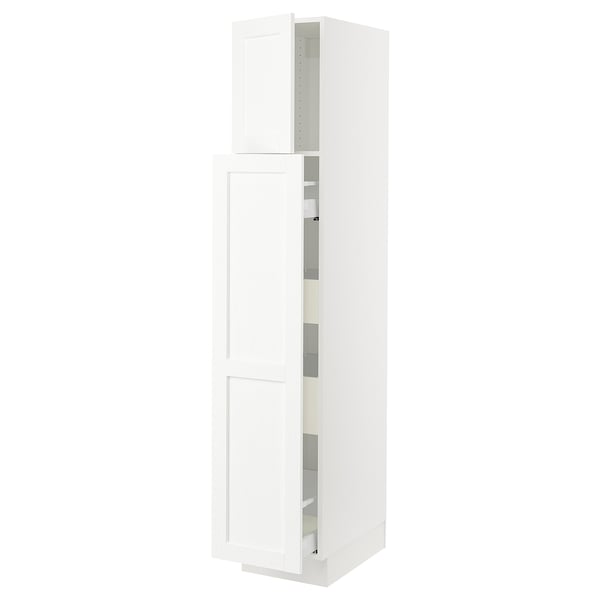 SEKTION tall white cabinet, glossy finish, with two adjustable shelves.