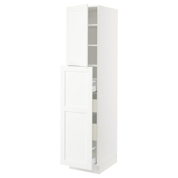 White tall kitchen cabinet with adjustable shelves and doors.