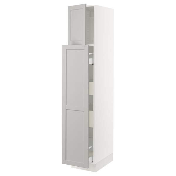 White SEKTION kitchen cabinet with bevelled light grey doors and adjustable shelves.