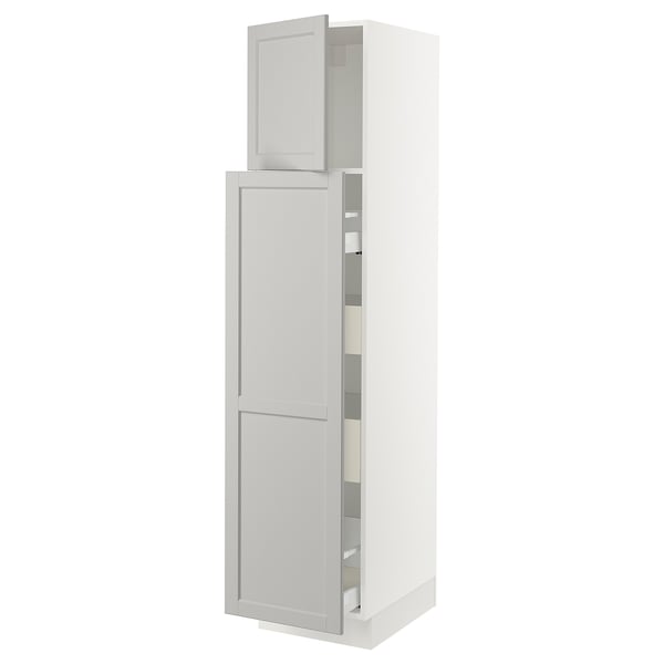 An ikea SEKTION kitchen cabinet in white with grey light grey lerhyttan fronts. It adjustable shelves and a soft-close door.