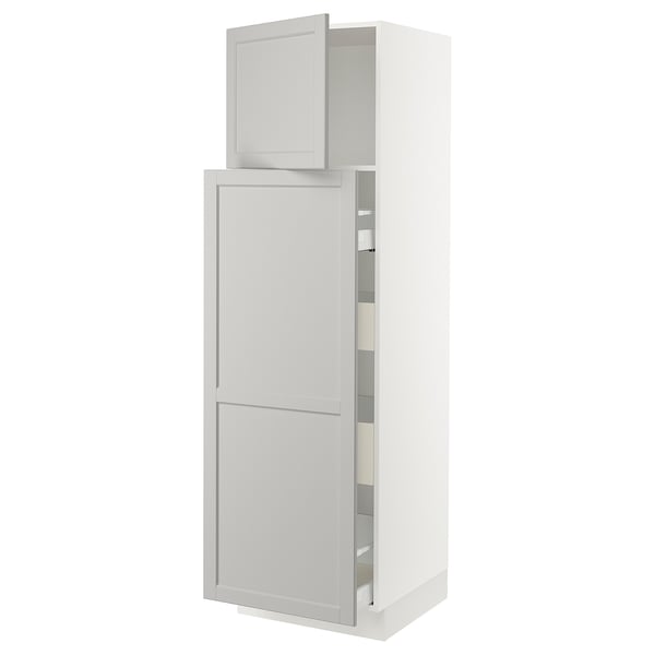 An open white ikea SEKTION kitchen cabinet with adjustable shelves. It grey lerhyttan fronts and a traditional design with bevelled edges.