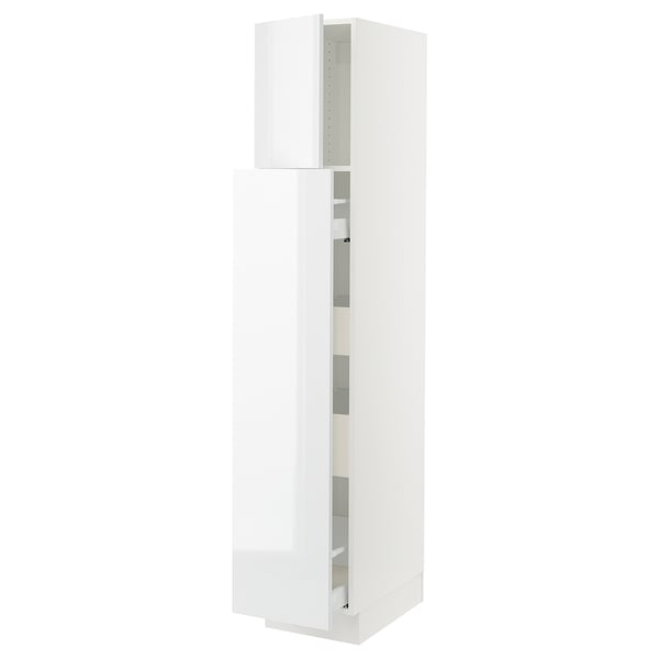 White SEKTION kitchen cabinet with high gloss, adjustable shelves, and soft-close hinges.