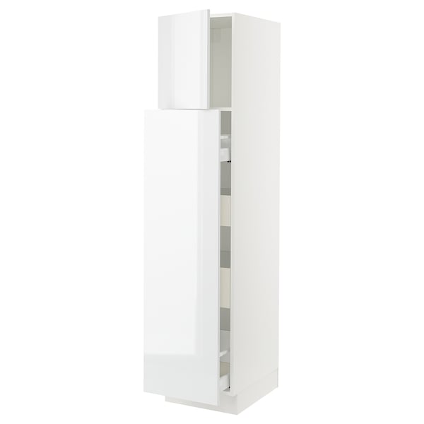 Modern white high gloss kitchen cabinet with sleek design and adjustable shelves.