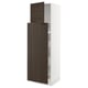 A white and dark brown kitchen cabinet with adjustable shelves and a drawer.