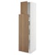 A tall white kitchen cabinet with walnut-colored doors and adjustable shelves.