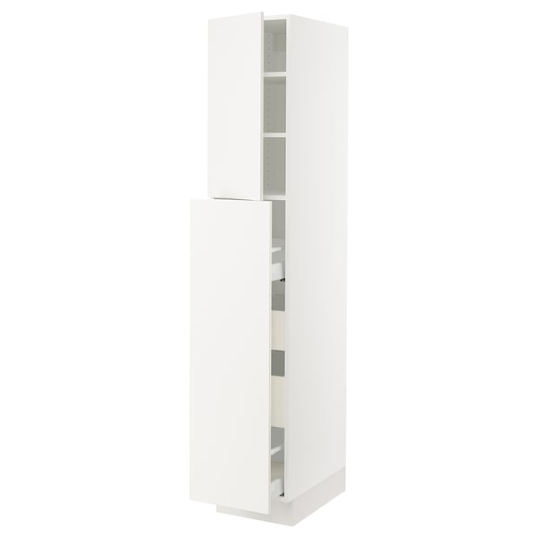 White SEKTION kitchen cabinet with adjustable shelves and soft-closing doors.