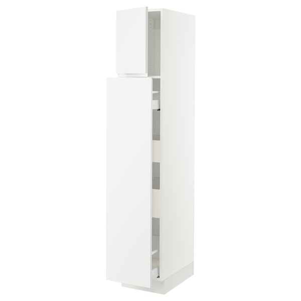A white SEKTION kitchen cabinet with adjustable shelves and a modern, minimalist design.