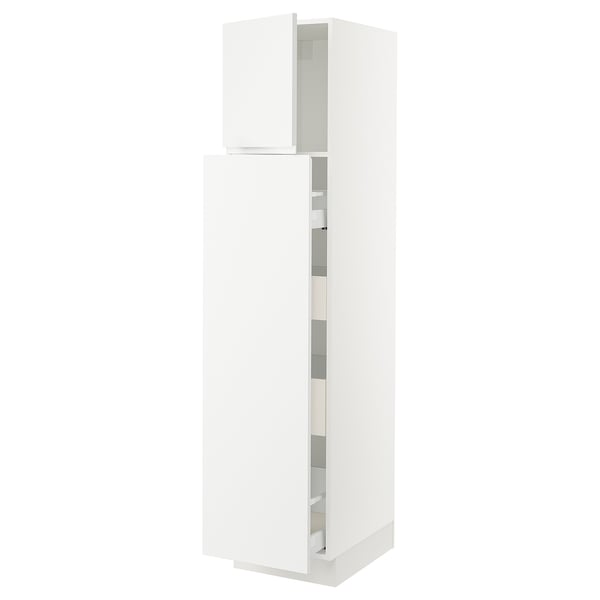 White vertical cabinet; modern minimalist design; matte finish; sleek doors, adjustable shelves.