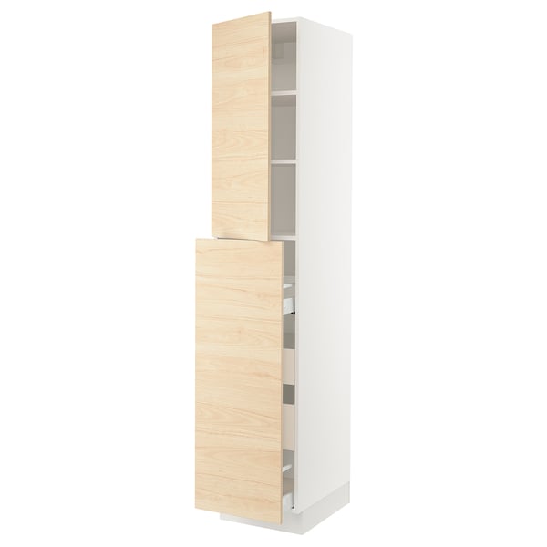 Modern kitchen cabinet in white & light wood, slim design.