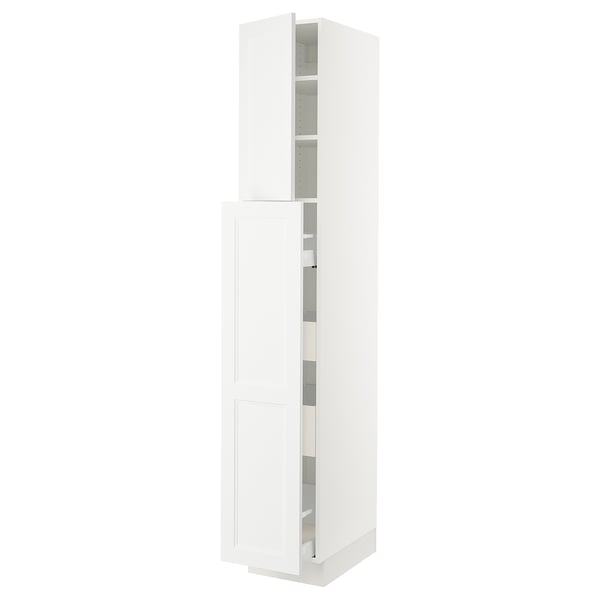SEKTION white kitchen cabinet, tall, rectangular with adjustable shelves.