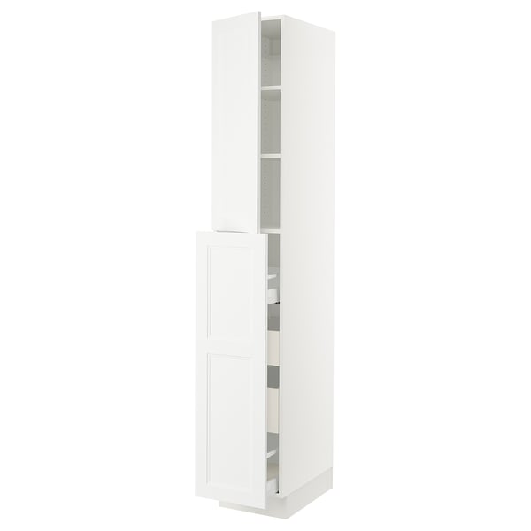 A white ikea SEKTION tall kitchen cabinet with adjustable shelves and a soft-close door.