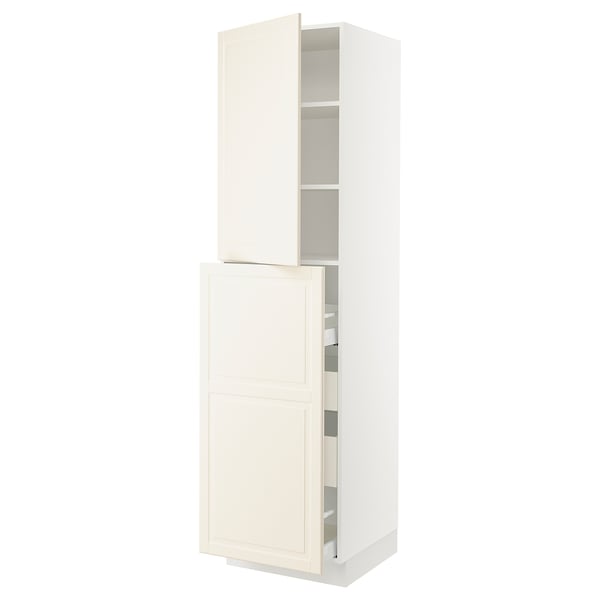 SEKTION white kitchen cabinet with off-white door, adjustable shelves, pull-out drawers, bevelled edges.