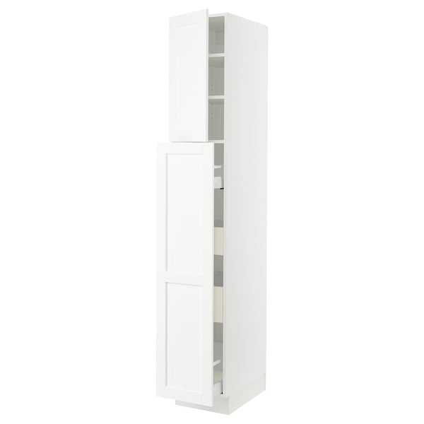 White kitchen cabinet with doors and shelves.
