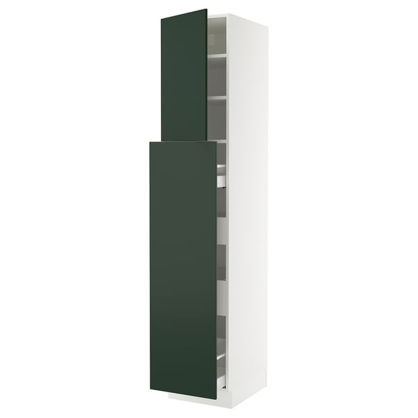 A tall white cabinet with dark green doors and adjustable shelves.