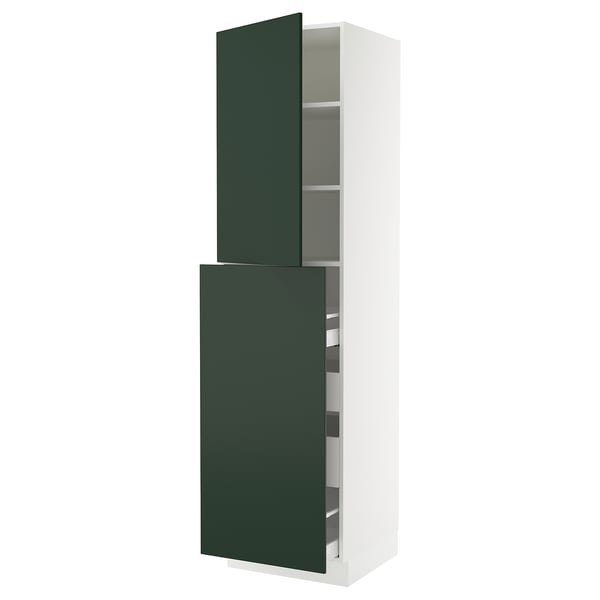 SEKTION kitchen cabinet with dark green havstorp doors, white frame, adjustable shelves, and smooth-closing drawers.