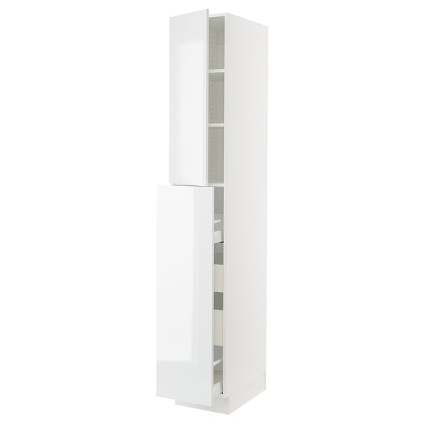White tall kitchen cabinet with two doors and adjustable shelves, modern high gloss design.